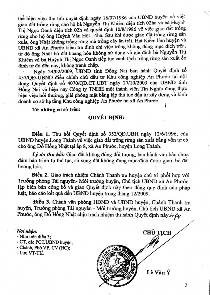 Quyết định số 5987/QĐ-UBND của UBND huyện Long Th&agrave;nh thu hồi Quyết định số 352/QĐ.