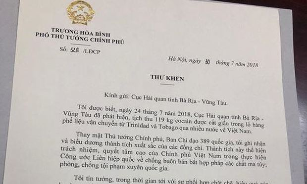 Vụ ph&aacute;t hiện 119 kg cocain: Ph&oacute; Thủ tướng gửi thư khen Hải quan B&agrave; Rịa Vũng T&agrave;u