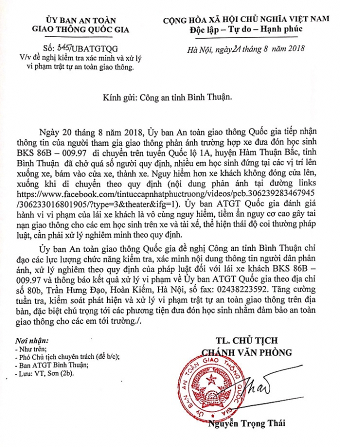 C&ocirc;ng văn gửi đến C&ocirc;ng an tỉnh B&igrave;nh Thuận.