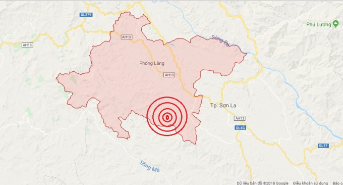 Trận động đất 3,9 độ Richter vừa xảy ra tại huyện Thuận Ch&acirc;u, tỉnh Sơn La (t&acirc;m chấn v&ugrave;ng tr&ograve;n đỏ). Ảnh Goolge Map.