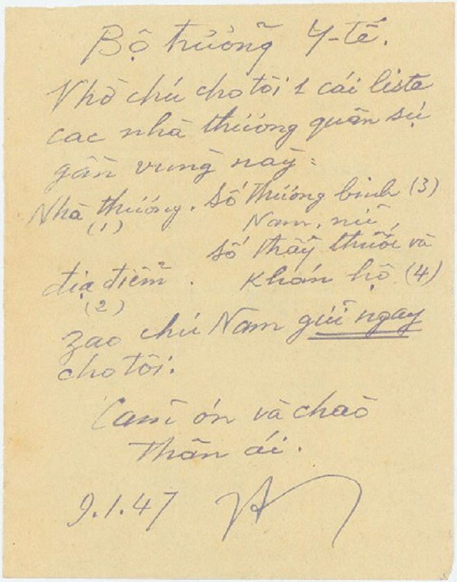 Bức thư viết tay của Chủ tịch Hồ Ch&iacute; Minh gửi Bộ trưởng Bộ Y tế Ho&agrave;ng T&iacute;ch Tr&yacute; năm 1947