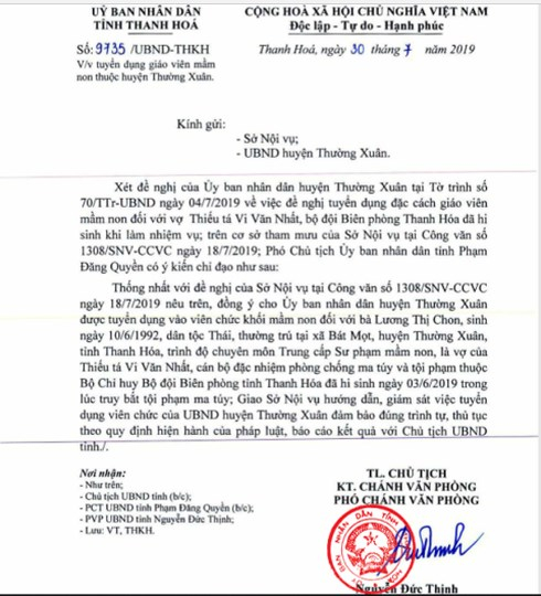 Công văn của UBND tỉnh Thanh Hóa đồng ý cho UBND huyện Thường Xuân tuyển dụng đối với chị Chon.