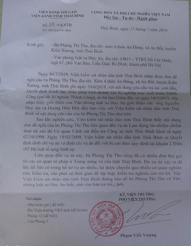 Công văn của Viện KSND tỉnh Thái Bình yêu cầu người dân