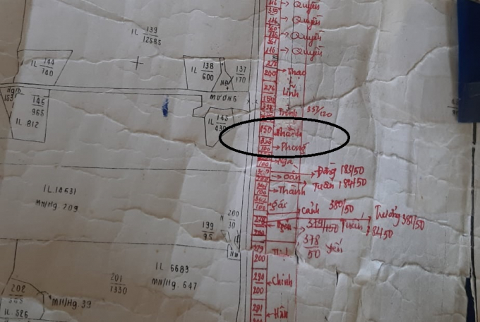 Bản đồ ghi rõ vị trí đất của ông Thành và ông Phong được cấp đất dù không phải là người địa phương