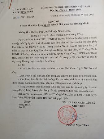Báo cáo của UBND xã Trường Minh gửi huyện về thực trạng ô nhiễm của mỏ đất và ý kiến cấp Ủy thôn đề nghị thu hồi giấy phép