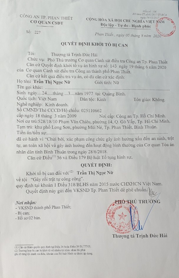 Quyết định khởi tố bị can đối với Nguyễn Thị Ngọc Nữ.