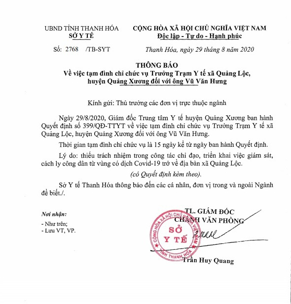 Thông báo về việc đình chỉ chức vụ Trưởng Trạm Y tế xã Quảng Lộc, huyện Quảng Xương do thiếu trách nhiệm trong công tác phòng dịch