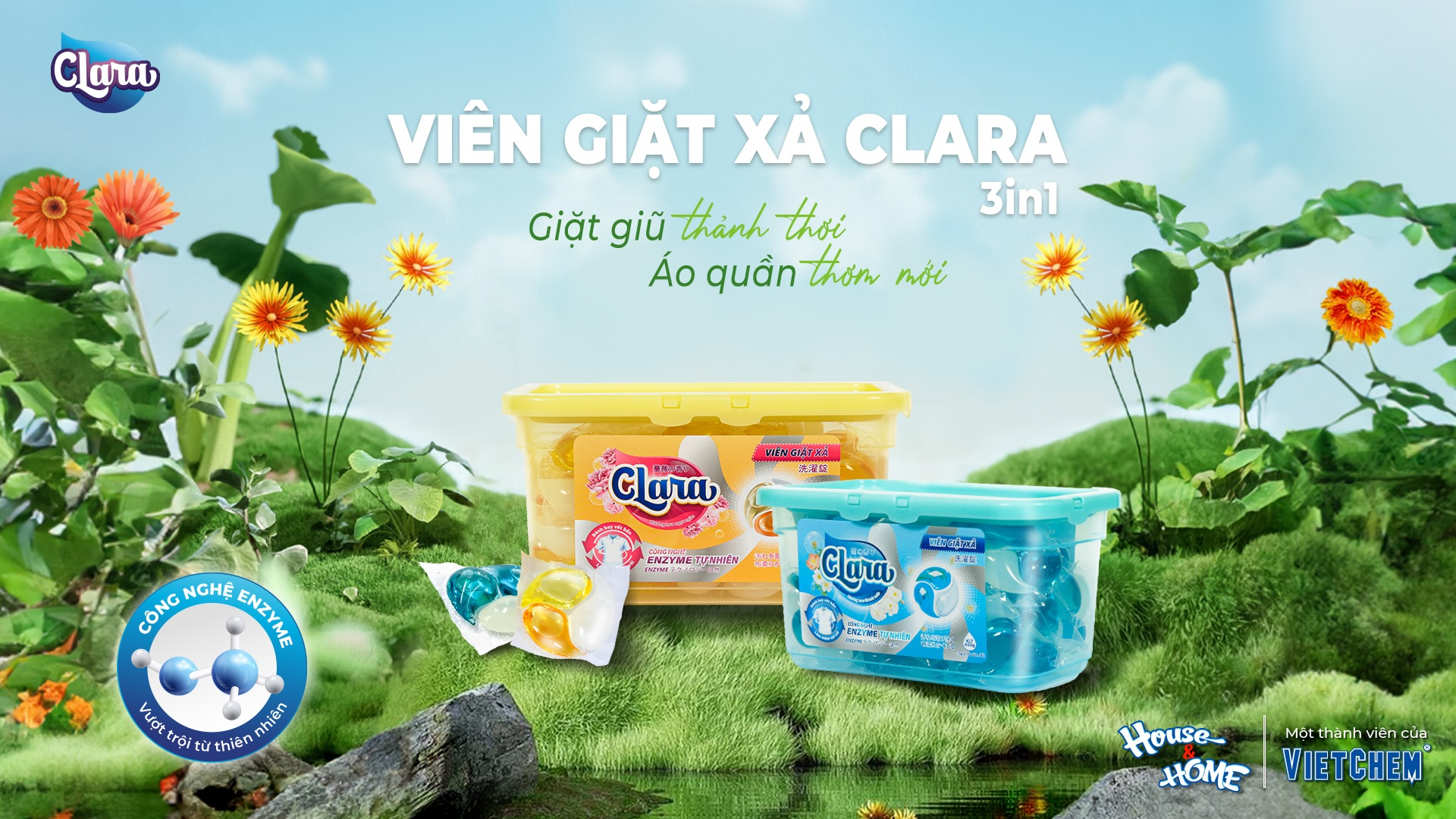 Viên giặt xả Clara 3in1 lưu hương bền lâu với 2 mùi hương dễ chịu: Hương hoa ngọt ngào và Hương hoa thanh mát.