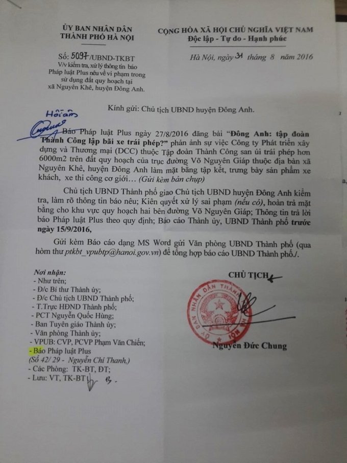 Văn bản chỉ đạo của Chủ tịch UBND TP H&agrave; Nội Nguyễn Đức Chung.