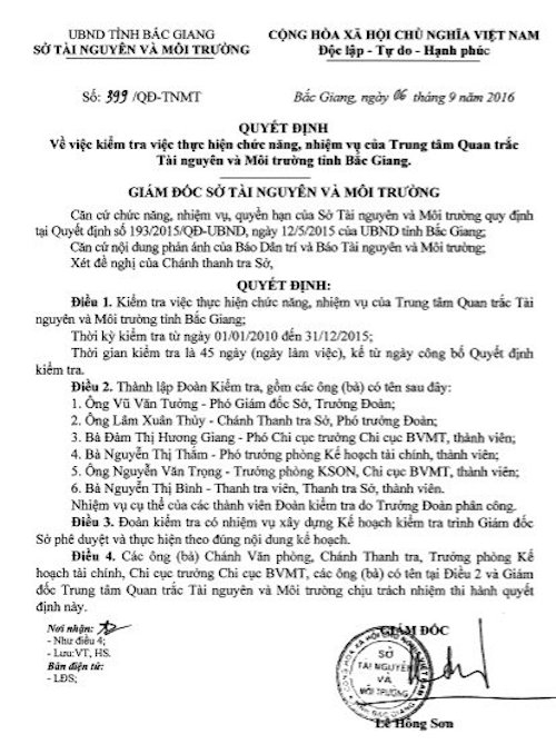 Quyết định Thanh tra Trung t&acirc;m quan trắc TN&amp;amp;amp;MT tỉnh Bắc Giang.