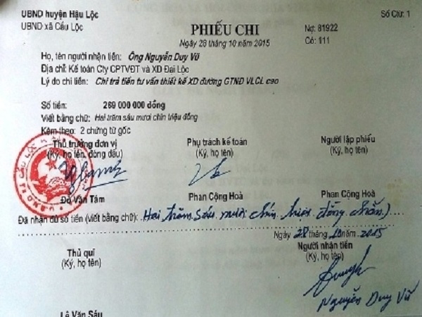 Số tiền 269 triệu đồng từ ng&acirc;n s&aacute;ch của tỉnh chi trả cho Cty Đại Lộc.