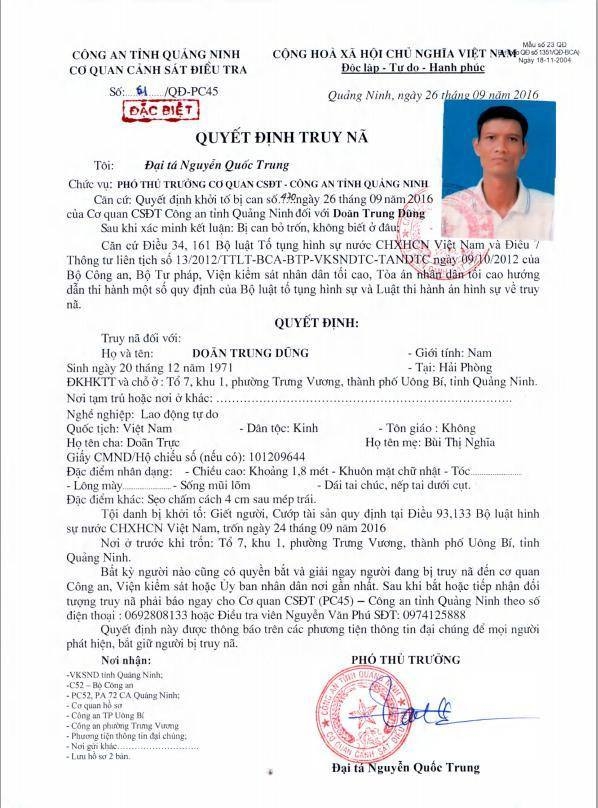 Truy n&atilde; đặc biệt nghi phạm g&acirc;y ra vụ thảm s&aacute;t tại Quảng Ninh
