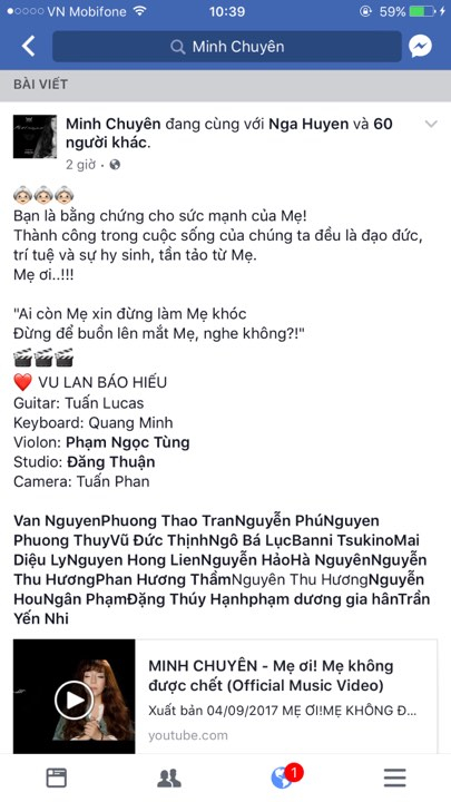 Tr&ecirc;n Face của ca sĩ Minh Chuy&ecirc;n chia sẻ