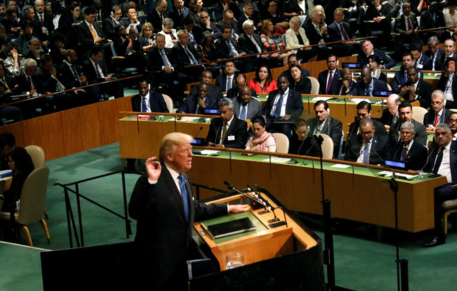 &Ocirc;ng Trump ph&aacute;t biểu trước Đại Hội đồng Li&ecirc;n Hợp Quốc. Ảnh:&nbsp;Reuters.