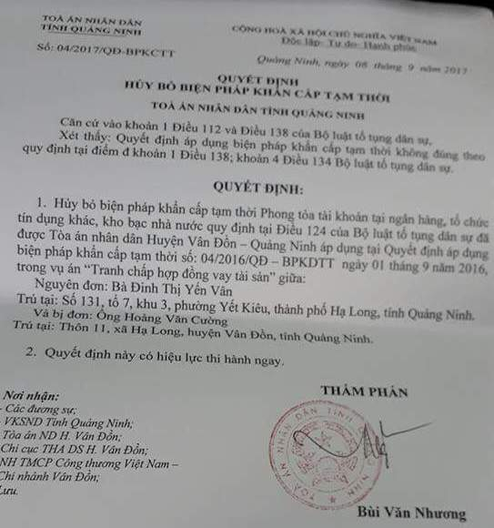 Quyết định hủy bỏ biện ph&aacute;p khẩn cấp tạm thời của TAND tỉnh Quảng Ninh