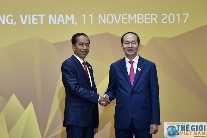 Chủ tịch nước Trần Đại Quang đ&oacute;n Tổng thống Indonesia Joko Widodo tại Hội nghị Thượng đỉnh APEC tổ chức tại Việt Nam, th&aacute;ng 11/2017.