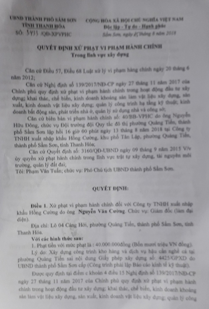 Quyết định xử phạt vi phạm h&agrave;nh ch&iacute;nh của UBND TP Sầm Sơn đối với Cty Hồng Cường.