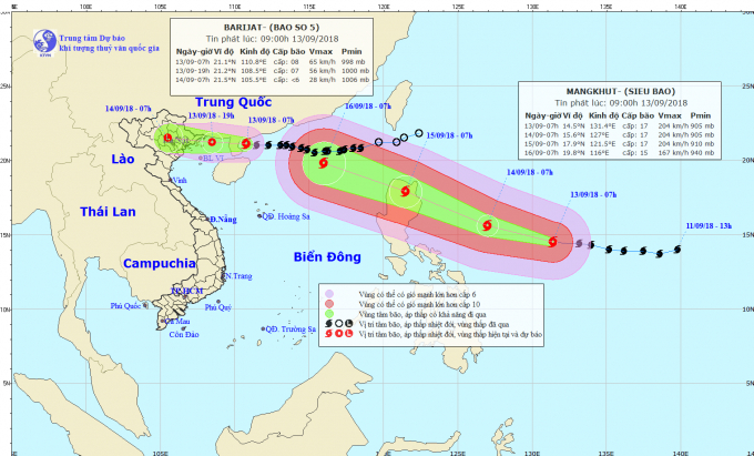 Hướng di chuyển cơn b&atilde;o số 5 v&agrave; Si&ecirc;u b&atilde;o Mangkhut.