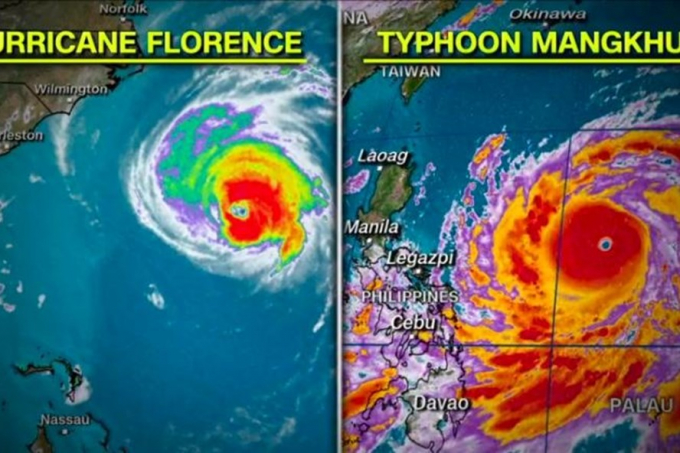 Ảnh vệ tinh b&atilde;o Florence v&agrave; b&atilde;o Mangkhut. Ảnh: CNN.