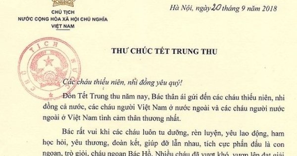 Chủ tịch nước Trần Đại Quang gửi Thư chúc Tết Trung thu 2018
