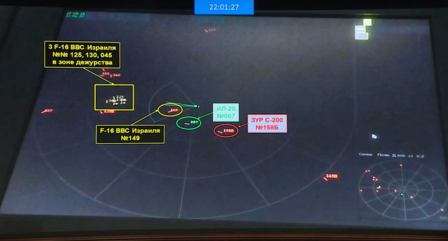 H&igrave;nh ảnh radar của S-400 cho thấy vị tr&iacute; 4 m&aacute;y bay F-16 của Israel (v&agrave;ng), hệ thống S-200 của Syria (đỏ) v&agrave; m&aacute;y bay Il-20 của Nga (xanh) v&agrave;o thời điểm xảy ra vụ bắn rơi Il-20. (Ảnh: Bộ Quốc ph&ograve;ng Nga)