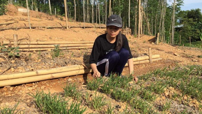 Em Nguyễn Phạm Thị Nhung chăm sóc vườn rau nhỏ, được xem là 'nguồn sống' của gia đình.