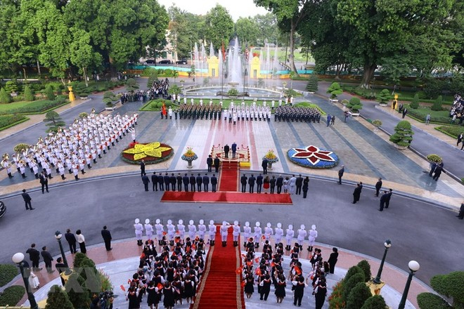 Toàn cảnh Lễ đón Tổng thống Hoa Kỳ Joe Biden thăm cấp Nhà nước tới Việt Nam tại Phủ Chủ tịch. Ảnh Công an Hà Nội