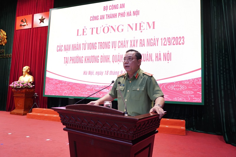 Trung tướng Nguyễn Hải Trung, Uỷ viên Ban Thường vụ Thành uỷ, Bí thư Đảng uỷ, Giám đốc CATP, phát biểu tại buổi lễ
