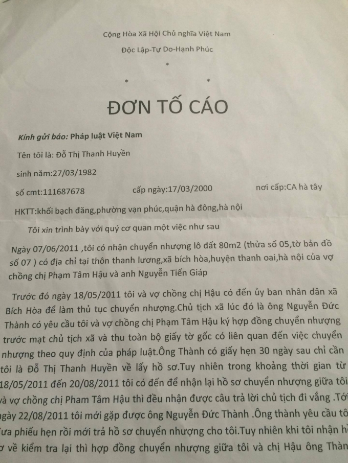 Đơn tố c&aacute;o do b&agrave; Đỗ Thị Thanh Huyền gửi đến b&aacute;o Ph&aacute;p luật Việt Nam.