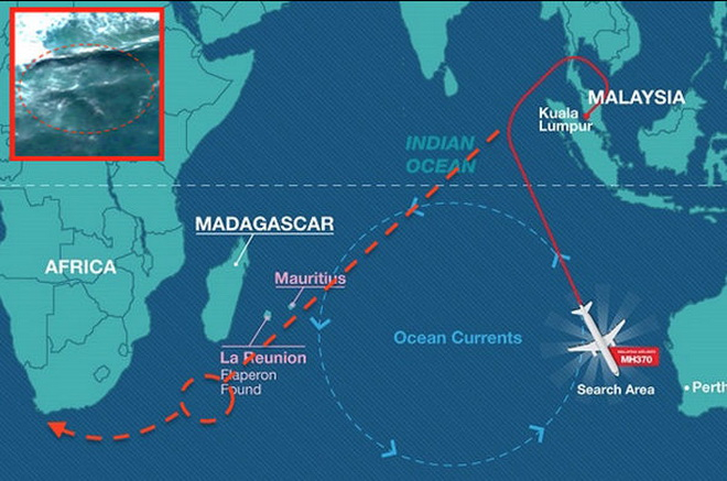 C&aacute;c mảnh vỡ của MH370 đ&atilde; được t&igrave;m thấy ở đảo Reunion v&agrave; đảo Rodrigues ở ngo&agrave;i khơi Mauritius (Đồ họa: UFOSD)