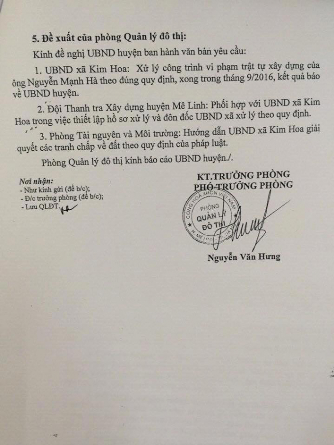 C&ocirc;ng văn chỉ đạo của UBND huyện M&ecirc; Linh xử l&yacute; vụ việc.