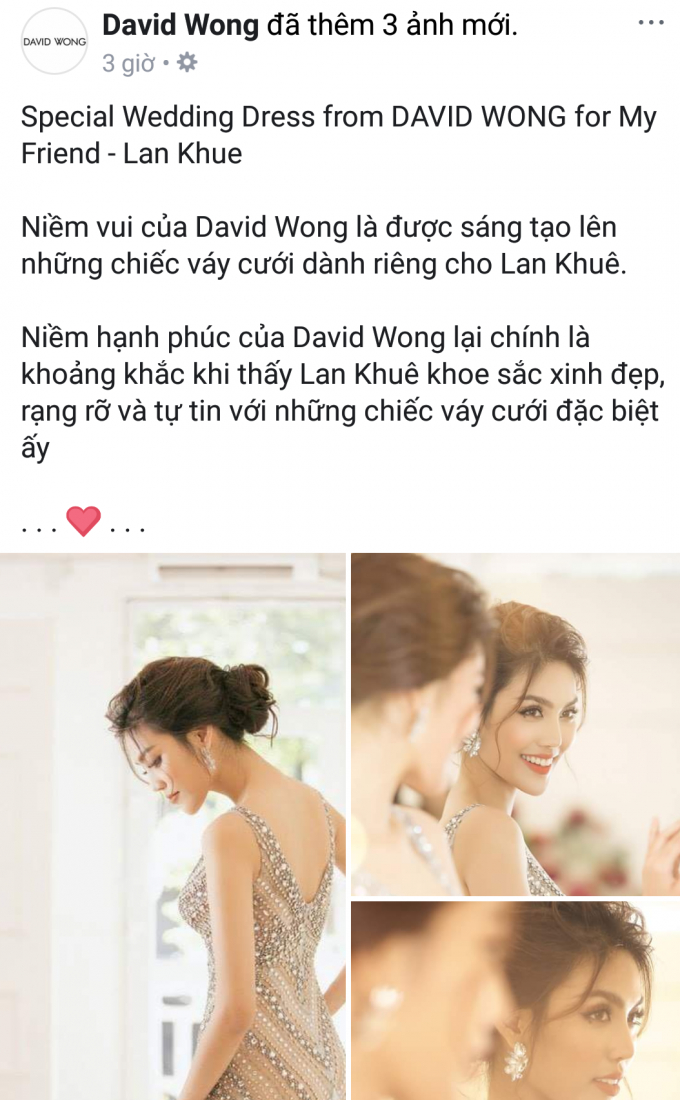 Lan Khu&ecirc; sẽ chọn thiết kế thương hiệu David Wong l&agrave;m v&aacute;y cưới