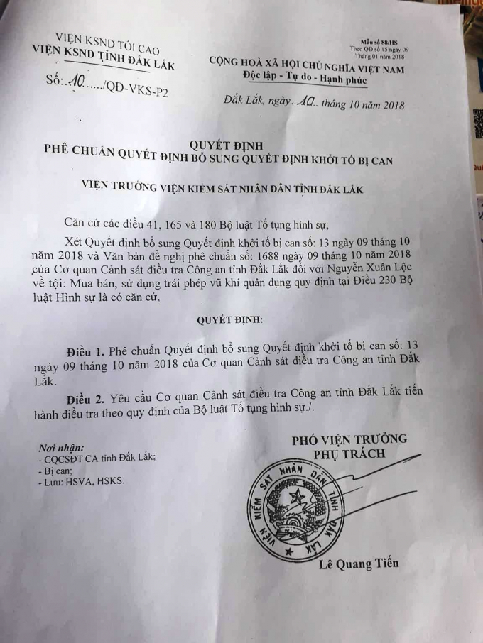 VKS tỉnh Đắk Lắk&nbsp;Ph&ecirc; chuẩn Quyết định khởi tố bị can đối với Lộc&nbsp;