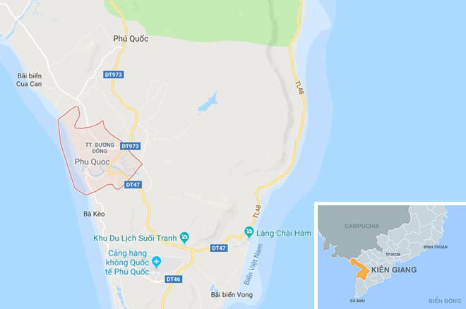 Thị trấn Dương Đ&ocirc;ng (m&agrave;u đỏ) ở Ph&uacute; Quốc. Ảnh: Google Maps.