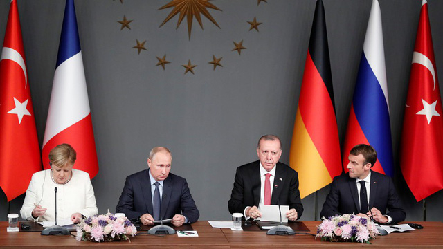 Thủ tướng Đức Angela Merkel, Tổng thống Nga Vladimir Putin, Tổng thống Thổ Nhĩ Kỳ Recep Tayyip Erdogan v&agrave; Tổng thống Ph&aacute;p Emmanuel Macron (Ảnh: Reuters)