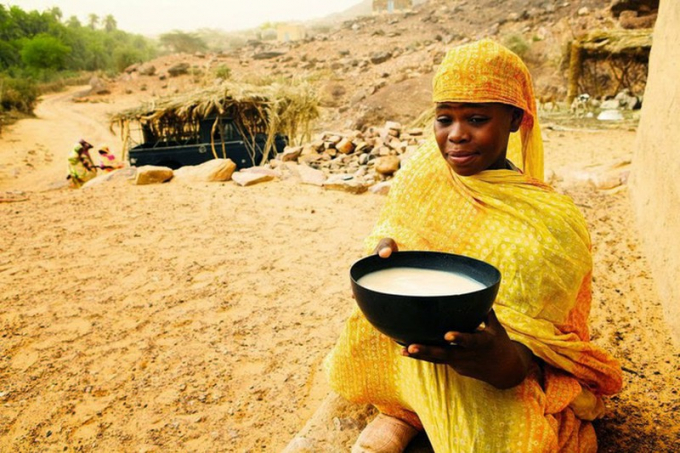 Một bé gái ngán ngẩm và sợ hãi khi phải uống sữa hàng ngày để tăng cân tại Mauritania.