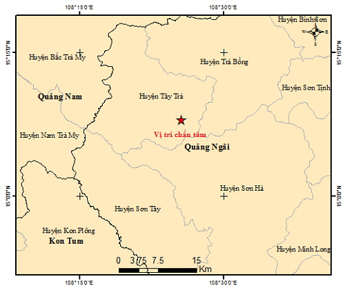 Bản đồ tâm chấn động của trận động đất thứ 4 diễn ra vào chiều 14/10 trên địa bàn tỉnh Quảng Ngãi.