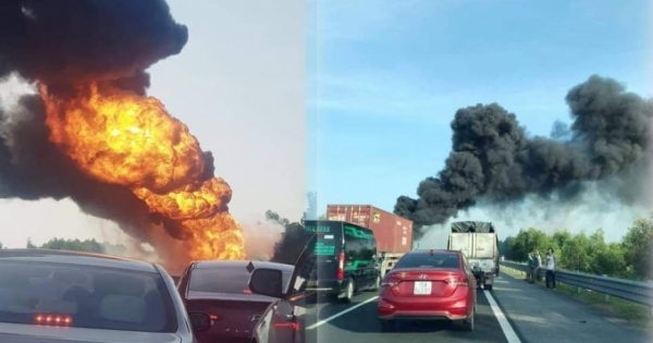 Cháy xe chở xăng dầu trên cao tốc Hải Phòng – Hà Nội