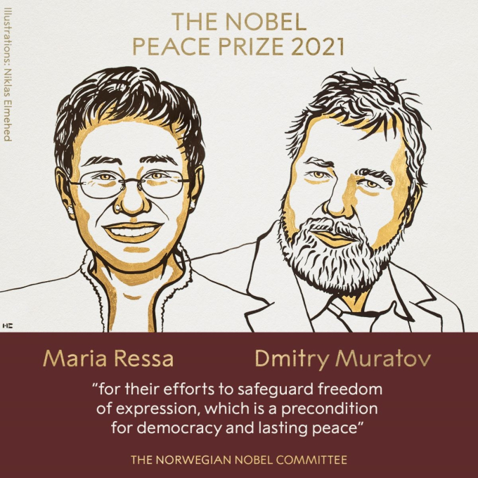 Hai đồng chủ nhân Giải Nobel Hòa bình năm 2021. (Ảnh: nobelprize.org)