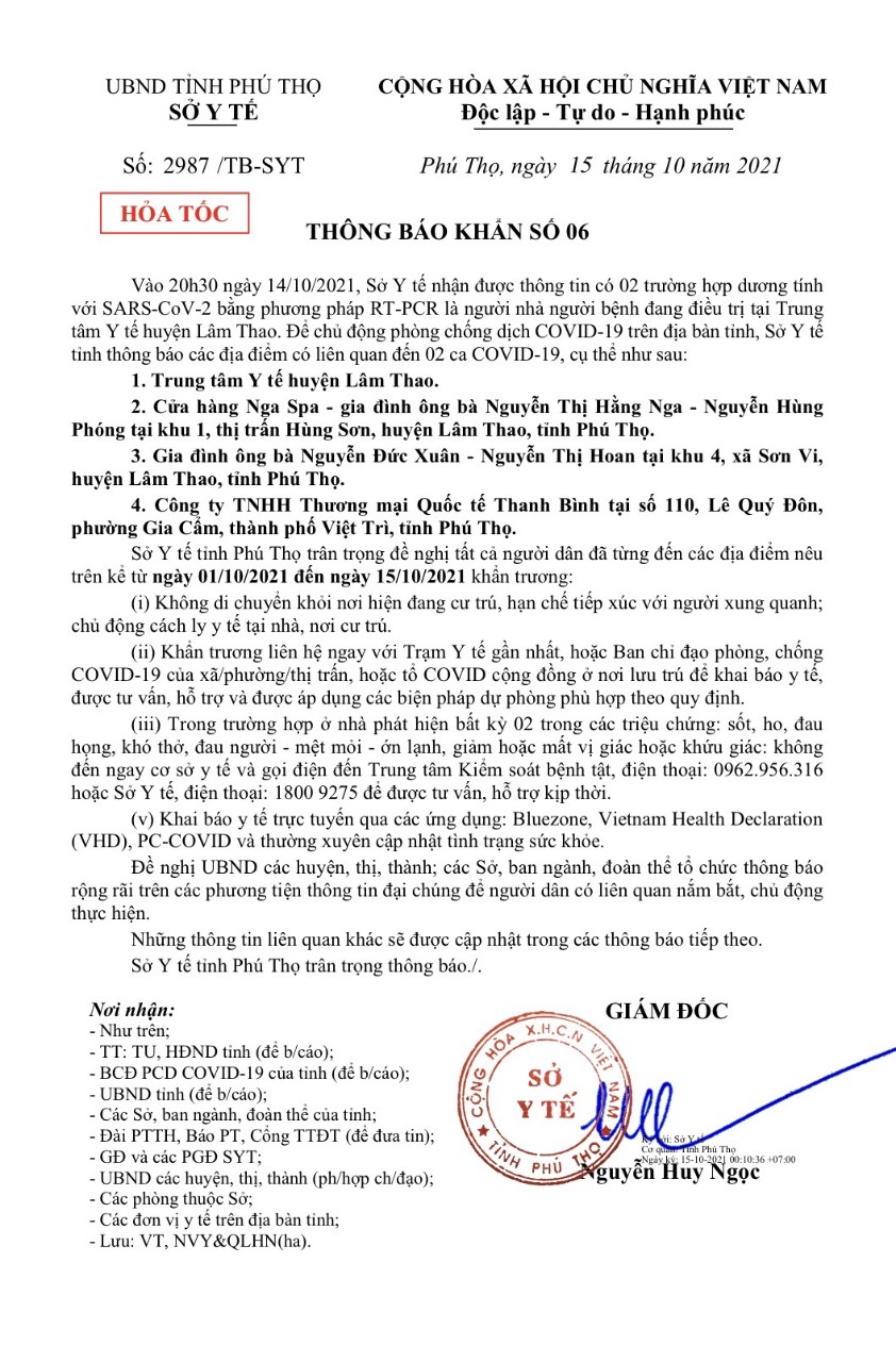 Nội dung văn bản hỏa tốc số 06  của Sở Y tế tỉnh Phú Thọ về các điểm có liên quan đến hai ca dương tính.