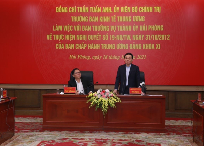 Bí thư Thành uỷ Hải Phòng Trần Lưu Quang phát biểu tại buổi làm việc.