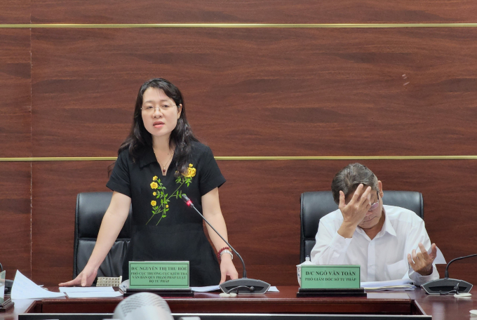 Bà Nguyễn Thị Thu Hoè, Phó Cục trưởng Cục Kiểm tra văn bản QPPL phát biểu ý kiến.