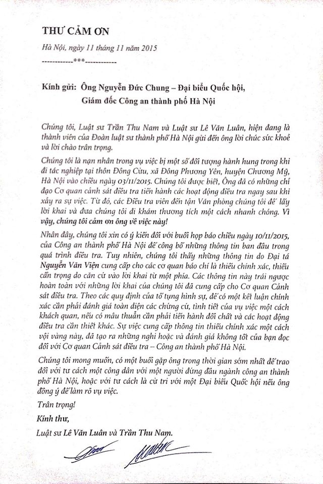 Bức thư luật sư L&ecirc; Văn Lu&acirc;n v&agrave; Trần Thu Nam gửi GĐ C&ocirc;ng an TP. H&agrave; Nội.