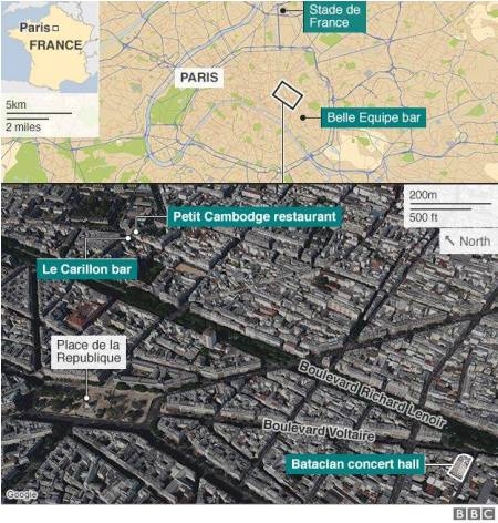 C&aacute;c địa điểm nơi xảy ra vụ tấn c&ocirc;ng của bọn khủng bố tại Thủ đ&ocirc; Paris
