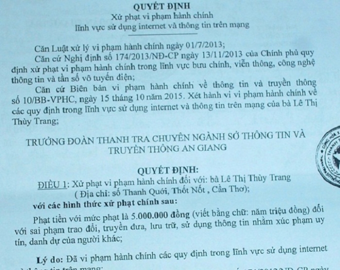 Quyết định xử phạt h&agrave;nh ch&iacute;nh của Sở TTT An Giang.