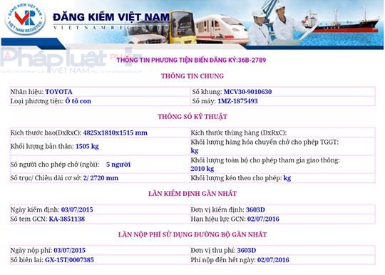 Theo dữ liệu Cục đăng kiểm Việt Nam, xe 36B-2789 đ&atilde; hết hạn đăng kiểm từ ng&agrave;y 2/7/2016