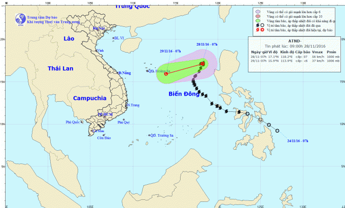 Dự b&aacute;o hướng đi của &aacute;p thấp nhiệt đới tr&ecirc;n Biển Đ&ocirc;ng. Ảnh: nchmf.gov.vn.