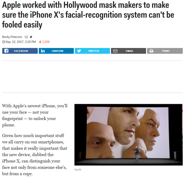 Apple từng khẳng định rằng họ đ&atilde; mời những chuy&ecirc;n gia l&agrave;m mặt nạ đến từ Hollywood để đảm bảo Face ID sẽ kh&ocirc;ng bị qua mặt một c&aacute;ch dễ d&agrave;ng.