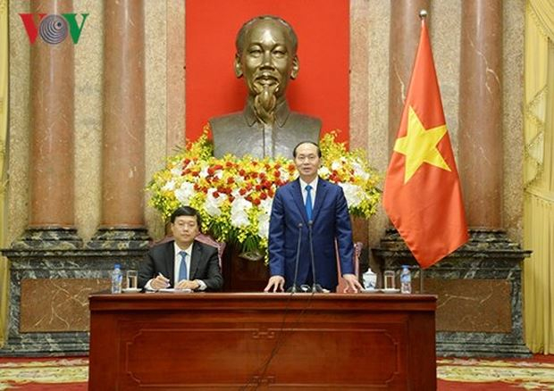 Chủ tịch nước Trần Đại Quang ph&aacute;t biểu tại buổi gặp mặt. (ảnh: Vov.vn).
