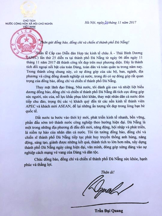 Chủ tịch nước Trần Đại Quang gửi thư cảm ơn Đảng bộ, ch&iacute;nh quyền v&agrave; người d&acirc;n Đ&agrave; Nẵng sau th&agrave;nh c&ocirc;ng Tuần lễ cấp cao APEC 2017.